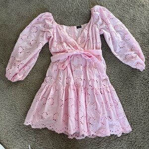 Light Pink Eyelet Wrap Kids Dress with Tie Waist